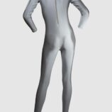 Long sleeved Nylon Lycra Silver turtleneck unisex Catsuit with Stirrup feet - Back