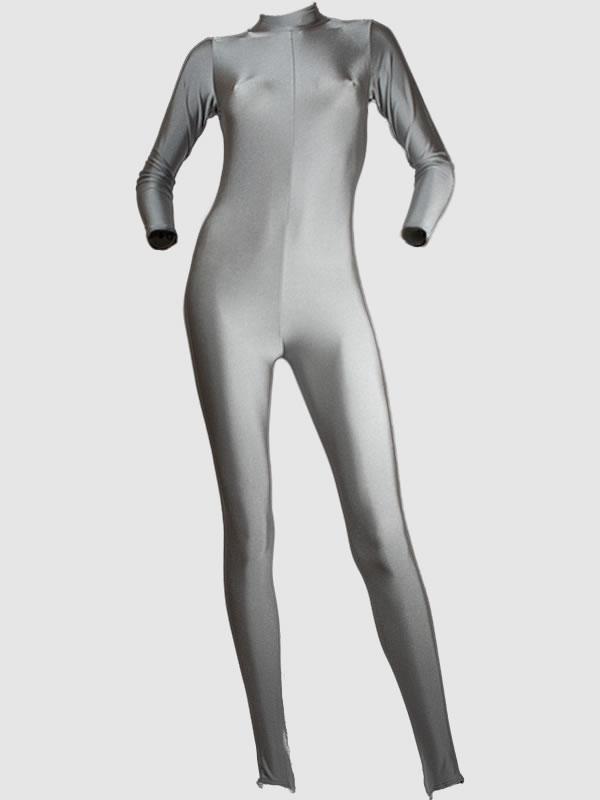 Long sleeved Nylon Lycra Silver turtleneck unisex Catsuit with Stirrup feet - Front