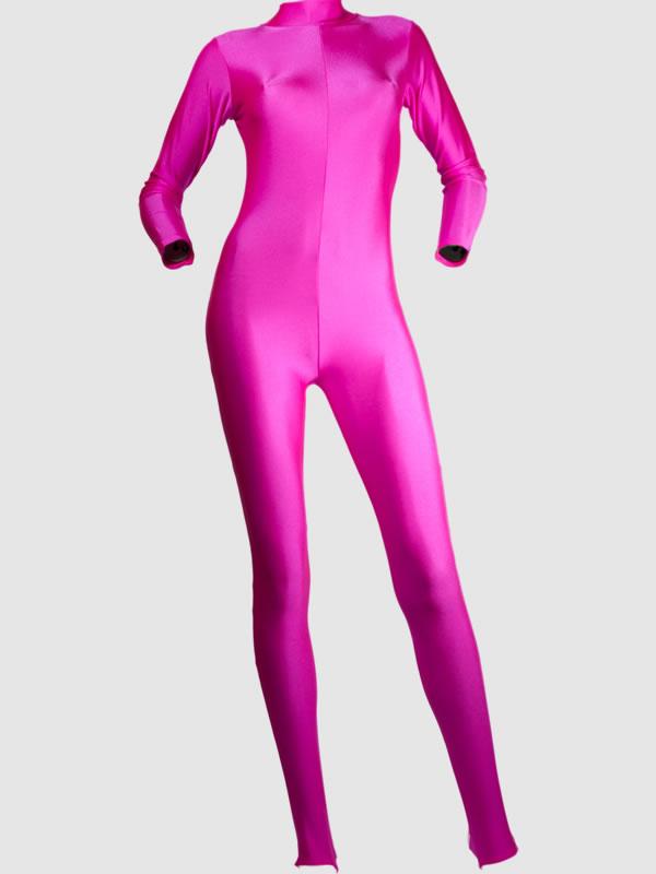 Fluorescent Pink Long Sleeved Back Zipped Stirruped Catsuit - Front